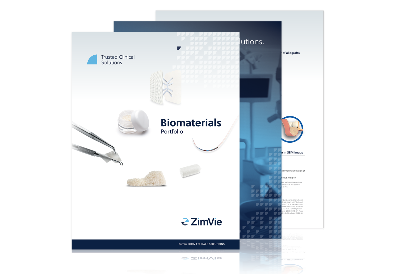 ZimVie Biomaterials Portfolio Brochure Cover of the ZimVie Biomaterials Portfolio brochure showcasing regenerative solutions, including bone grafts, membranes, and wound healing materials, designed to support clinicians in implant dentistry and oral surgery.