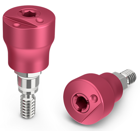 ZimVie Encode® Emergence Impression System with pink matte healing abutments for natural tissue healing and efficient impressions without copings or scan bodies.