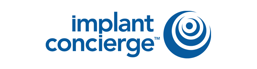 The official logo for Implant Concierge, featuring the company name in blue text alongside a stylized, circular icon composed of concentric rings. This logo represents the digital workflow service for dental implant planning and ordering.
