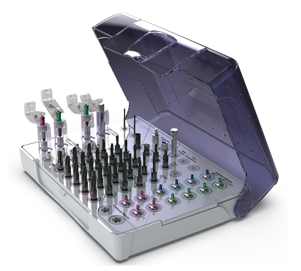 Image of the ZimVie Guided Surgery Kit featuring a compact, space-efficient design with color-coded drills for ease of use in dental offices. The kit includes DLC (Diamond-Like Carbon) coated drills for enhanced wear resistance, implant mounts with hex features for precise alignment, and a staging pedestal for Fixture Mount Transfer (FMT) of TSV implants. Designed for fully guided implant placement, the kit supports both soft and dense bone protocols without the need for handles or keys during osteotomy preparation.