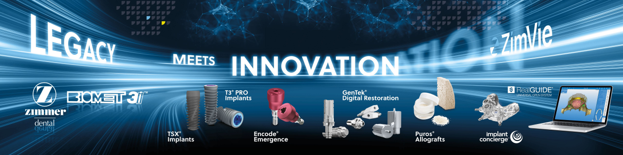 ZimVie banner showcasing product innovation across dental implants, digital restoration, grafting solutions, and guided surgery under the theme "Legacy Meets Innovation".