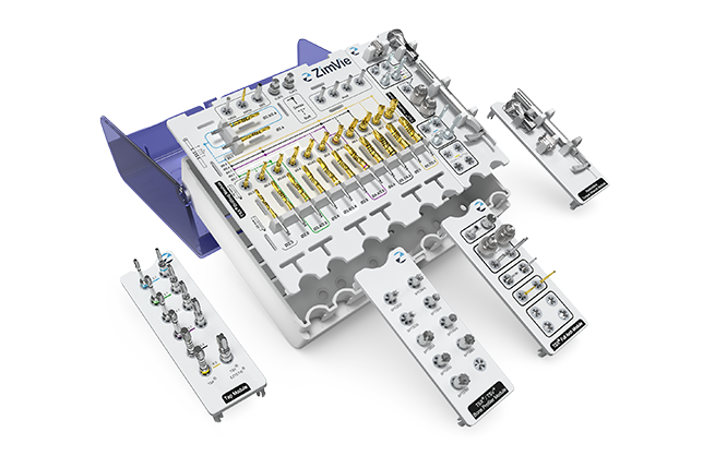 Detailed exploded view of the TSX® Modular Surgical Kit by ZimVie, highlighting organized surgical drills, implant instrumentation, and modular tray system.