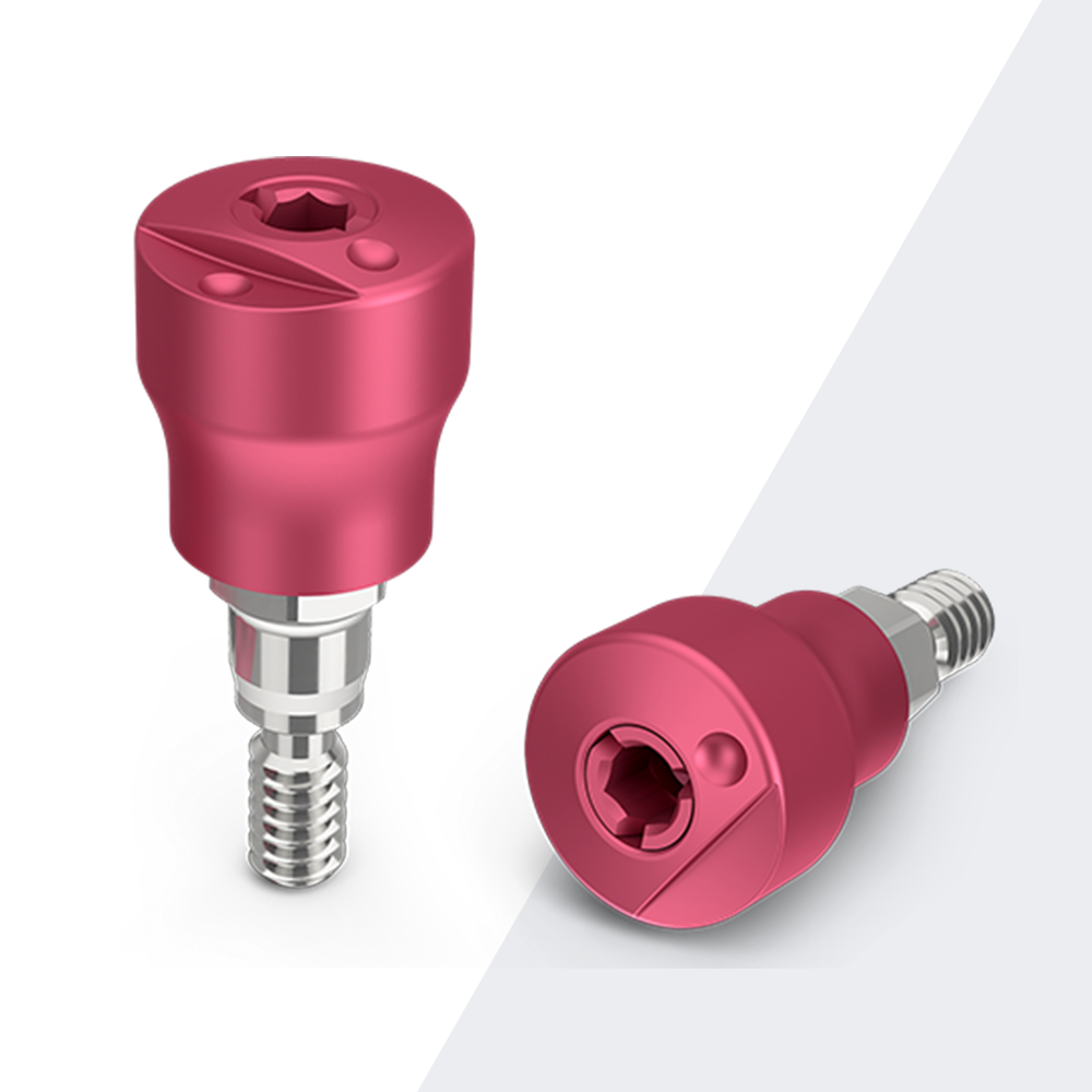 Close-up of ZimVie Encode® Emergence Impression healing abutments in pink matte finish, designed for natural soft-tissue healing and efficient digital impressions.
