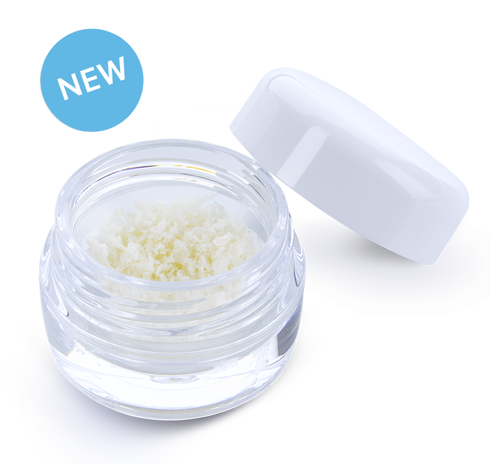  close-up, studio shot of the new ZimVie RegenerOss® Cancellous Particulate, a demineralized bone matrix allograft used for dental bone grafting procedures. The product is shown in a small, clear container with a white cap, highlighting the granular texture of the particulate material. This image represents a reliable biomaterial solution for a variety of dental applications, including extraction socket preservation, ridge augmentation, and sinus lifts.