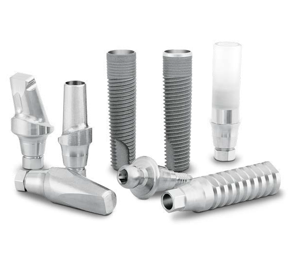 3.1 mmD Eztetic Implant System and Restorative Components 3.1 mmD Eztetic Implants and abutments showcasing ZimVie’s Conical Connection, Double Friction-Fit, and Platform Switch, designed to reduce micromovement, improve abutment stability, and distribute forces deep into the implant for crestal bone preservation.