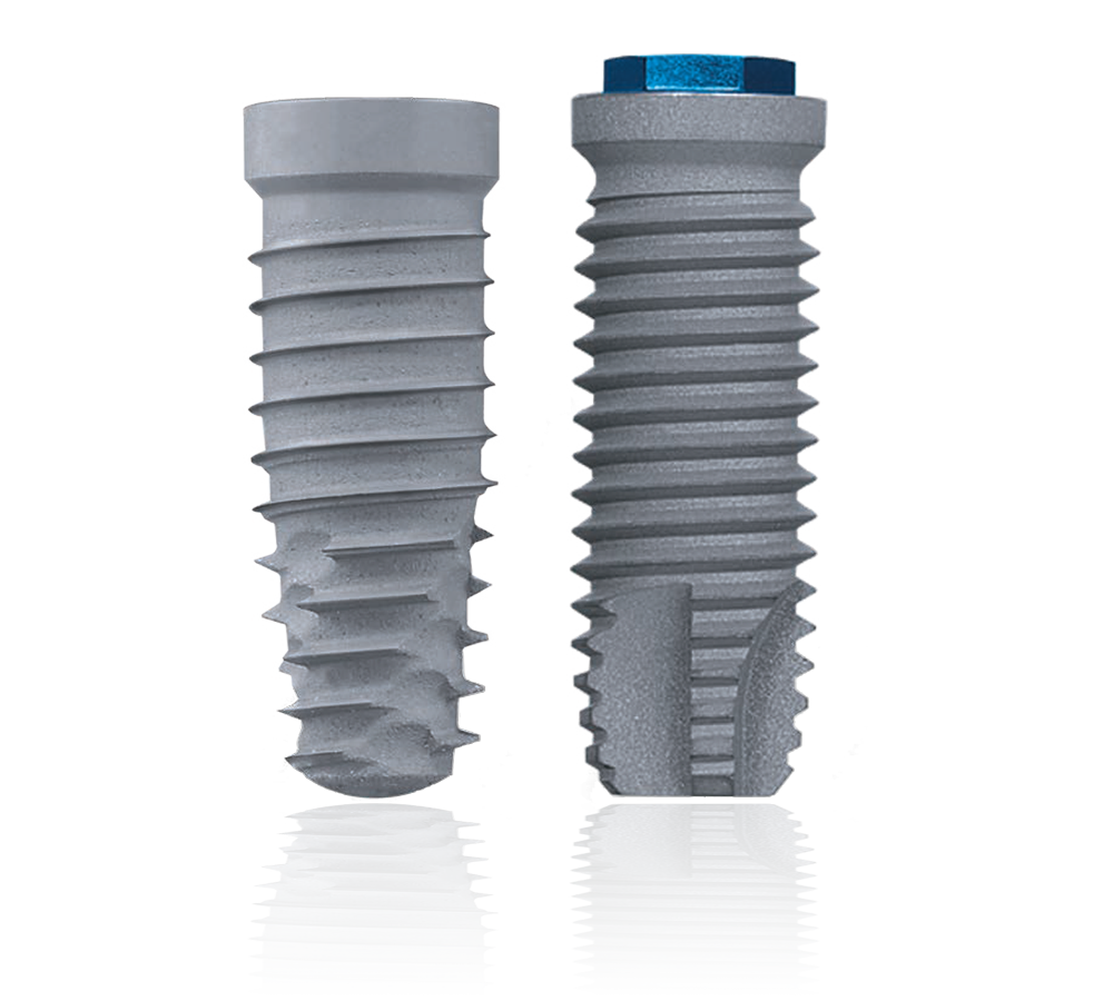 ZimVie Dental Implants with Osseotite® Surface Two ZimVie dental implants showcasing advanced surface technology. Supported by comprehensive clinical research with over 98% cumulative success rates, the Osseotite® surface enhances osseointegration and demonstrates high levels of bone-to-implant contact for reliable, long-term performance.