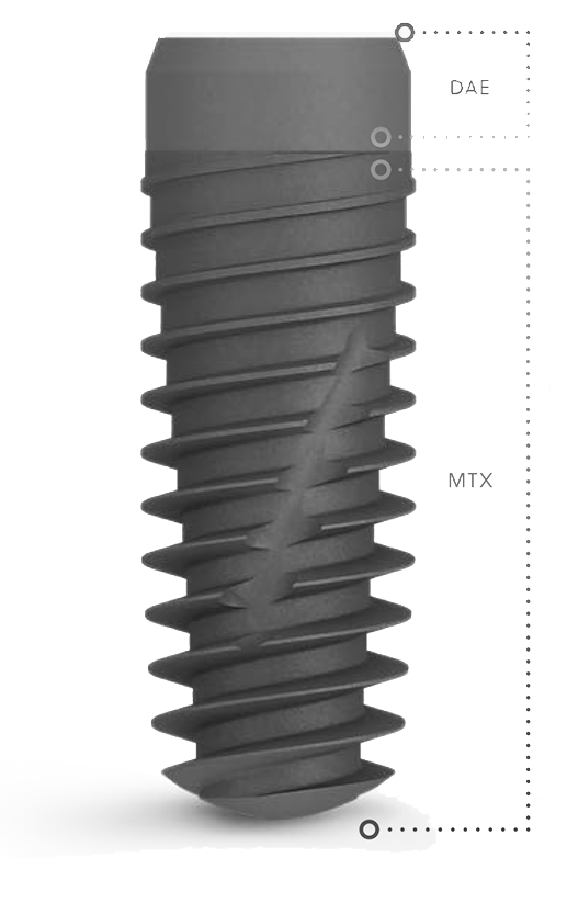 ZimVie TSX Dental Implant with DAE and MTX Surface Technology Image of the ZimVie TSX Dental Implant highlighting its dual surface technology: DAE (Dual Acid-Etched) for enhanced osseointegration at the collar and MTX (Microtextured Surface) for long-term stability throughout the implant body.