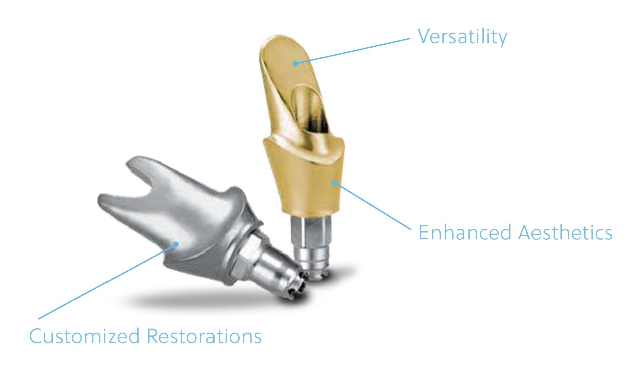Two BellaTek CAD/CAM custom dental abutments, highlighting their key features. The silver abutment is labeled "Customized Restorations," while the gold-colored abutment points to "Versatility" and "Enhanced Aesthetics," illustrating the precision and aesthetic benefits of ZimVie's digital workflow solutions for dental implant cases.