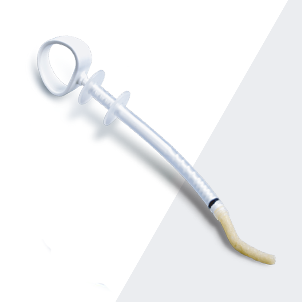 Clinical applicator preloaded with RegenerOss® Allograft Putty, a moldable, flowable DBM bone graft solution for guided bone regeneration in dental procedures.