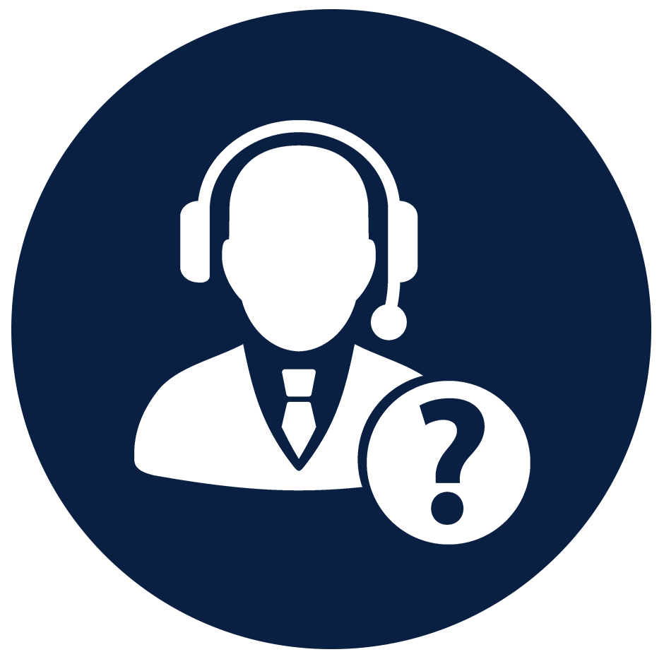 Customer Support Icon with Headset and Question Mark A dark blue circular icon depicting a faceless figure wearing a headset and tie, symbolizing customer service. A question mark inside a circle overlays the figure, indicating support or assistance availability.