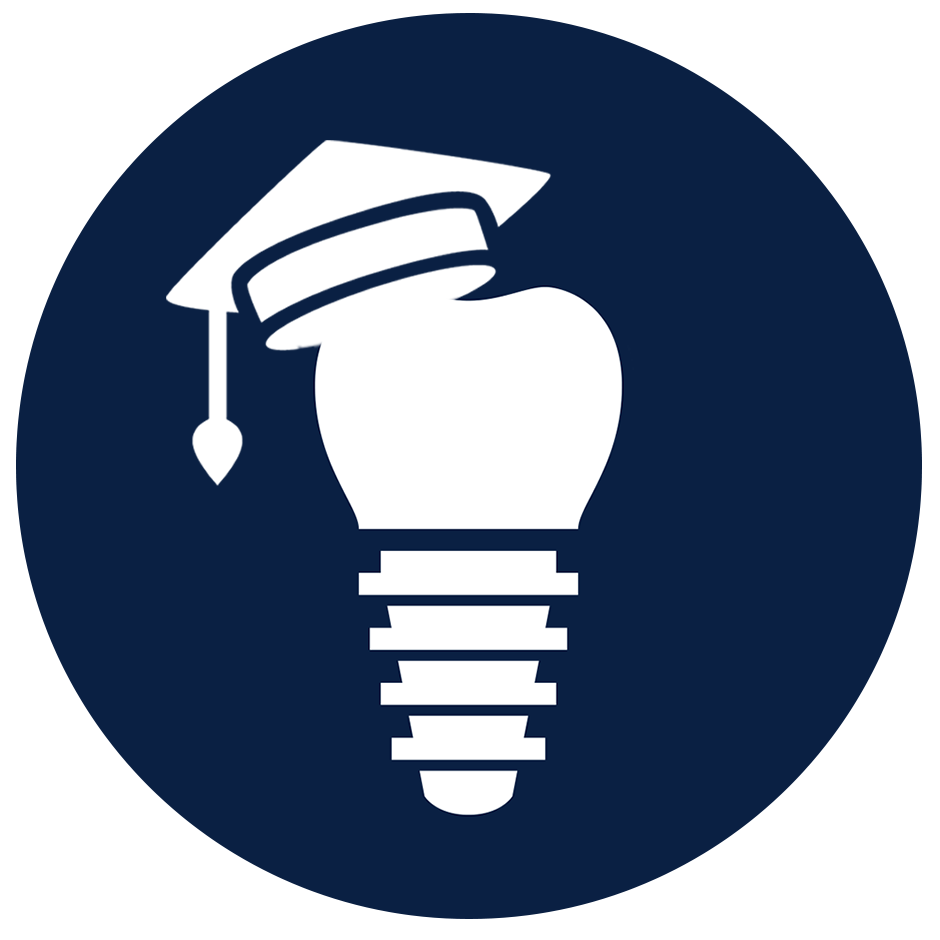 A dark blue circular icon featuring a dental implant topped with a graduation cap, symbolizing dental implant training, clinical education, or continuing education programs in dentistry.
