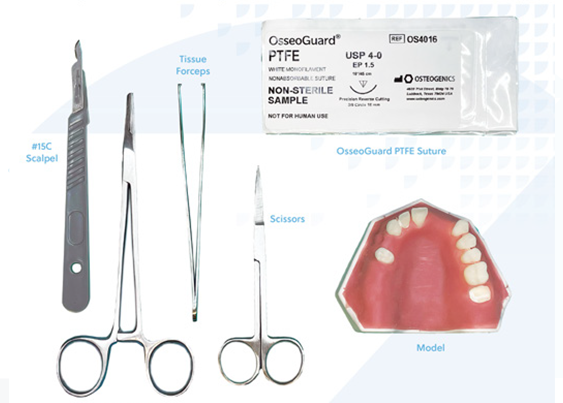 ZimVie Surgical Flap Design & Suturing Kit – Hands-On Training Tools A labeled image showing instruments from the ZimVie Flap Design and Suturing Technique training kit. Items include a #15C scalpel, tissue forceps, scissors, surgical needle holder, OsseoGuard® PTFE suture, and a soft tissue model. These tools support the hands-on component of ZimVie Institute’s Implant SkillZ webcast series on surgical flap creation, incision design, and suturing techniques led by expert clinicians.