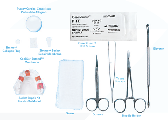 A training kit for ZimVie Institute’s Site Preservation Therapy course, featuring regenerative tools and biomaterials such as Puros® Cortico-Cancellous Allograft, Zimmer® Collagen Plug, CopiOs® Extend™ Membrane, OsseoGuard® PTFE Suture, surgical scissors, forceps, needle holder, gauze, and a socket repair model. This course introduces clinicians to socket preservation techniques through webcasts and hands-on learning.