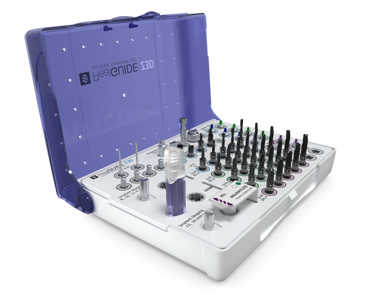 Image of the ZimVie Guided Surgery Kit featuring a compact, space-efficient design with color-coded drills for ease of use in dental offices. The kit includes DLC (Diamond-Like Carbon) coated drills for enhanced wear resistance, implant mounts with hex features for precise alignment, and a staging pedestal for Fixture Mount Transfer (FMT) of TSV implants. Designed for fully guided implant placement, the kit supports both soft and dense bone protocols without the need for handles or keys during osteotomy preparation.