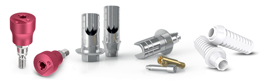 A product photo showcasing a variety of ZimVie Restorative Solutions. The image features a collection of dental implant components, including screws and abutments in silver, white, and a distinct pink color, all used for connecting and restoring dental implants.