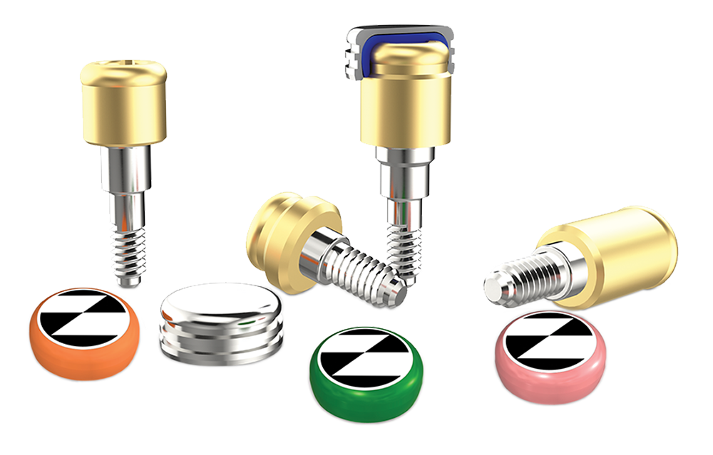 OverdenSURE Removable Attachment System with Pivoting Technology An image showcasing the ZimVie OverdenSURE Removable Attachment System, featuring its classic housing cap, retention insert, and abutment components.