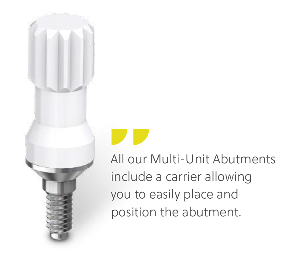 All our Multi-Unit Abutments include a carrier allowing  you to easily place and position the abutment.
