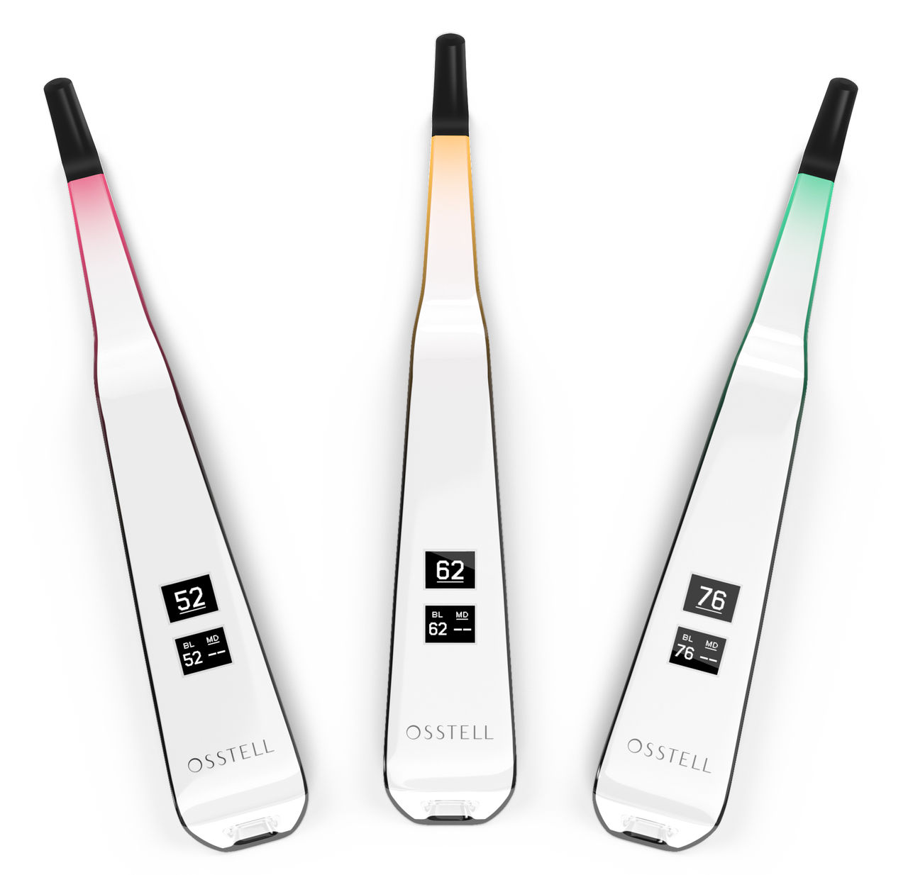 Osstell Beacon Implant Stability Devices Three Osstell Beacon devices shown in different angles, each displaying implant stability quotient (ISQ) values with color-coded lights (red, orange, and green) to indicate varying levels of implant stability during dental procedures.