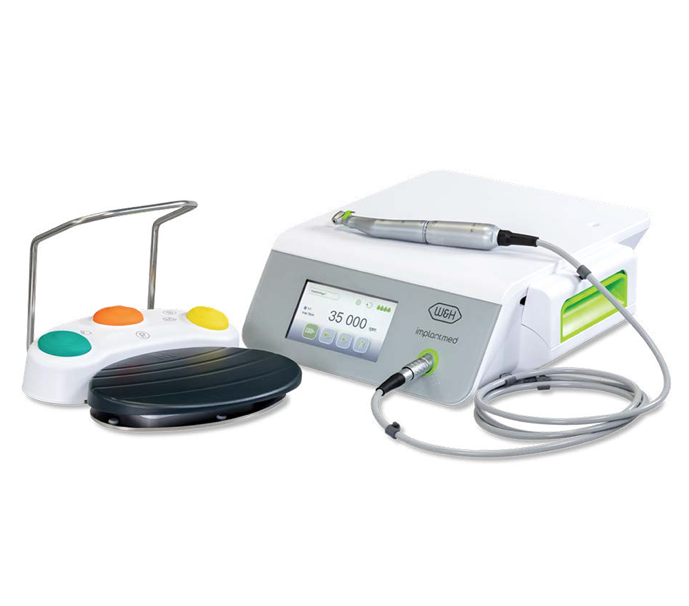 Image of the W&H Implantmed Plus, a surgical device designed for implant dentistry. The unit features the Osstell ISQ module for measuring implant stability using Resonance Frequency Analysis (RFA), stainless steel scratch-resistant handpieces for oral, maxillofacial, and implant surgery, and a multifunctional wired or wireless foot control for sterile operation and enhanced ergonomics.