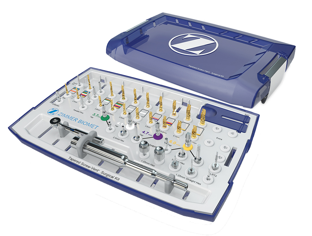 Image of the ZimVie TSV Surgical Kit containing a complete set of precision drills, instruments, and accessories, organized in a blue case designed to support efficient and accurate dental implant placement.